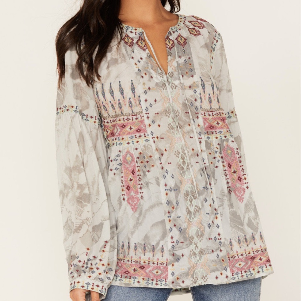 Johnny Was‎ Biya Deliza Embroidered silk Boho Tunic Blouse Large